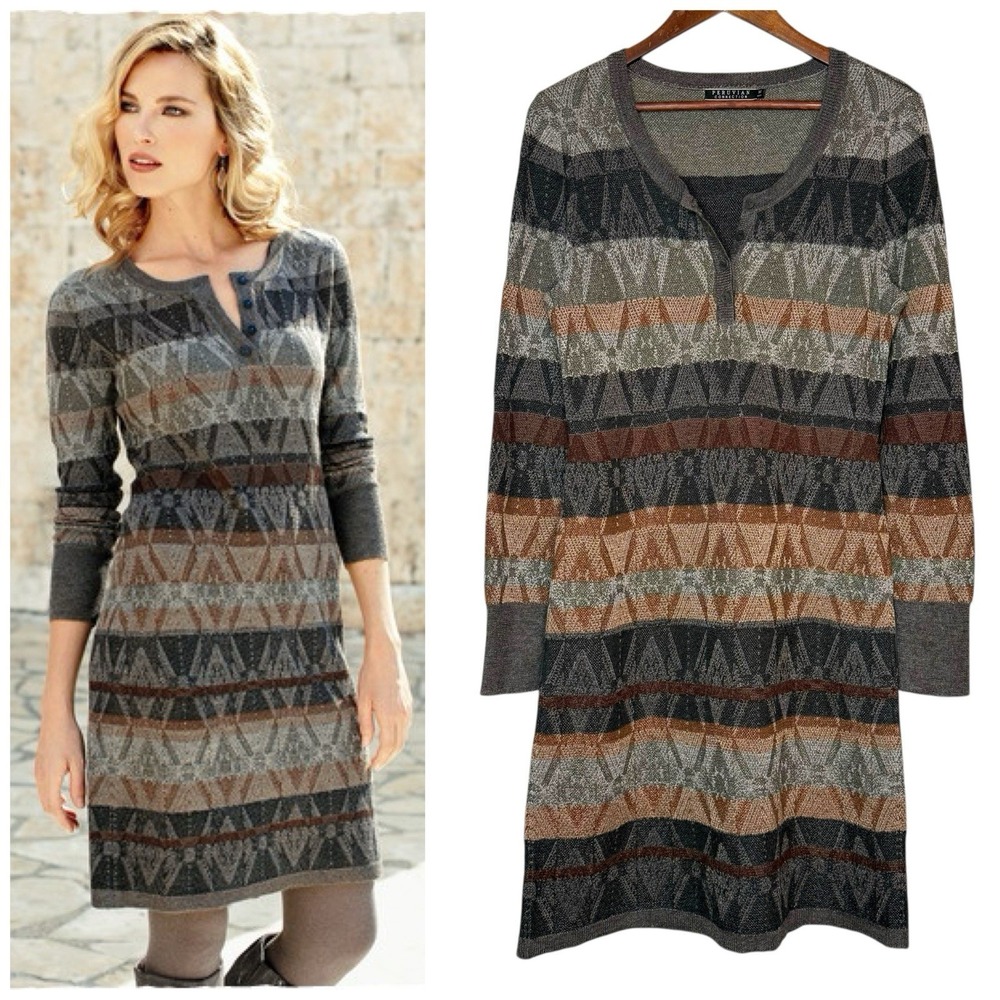 Peruvian Connection Henley Dress M Geometric‎ Baby Alpaca Silk Pima Cotton